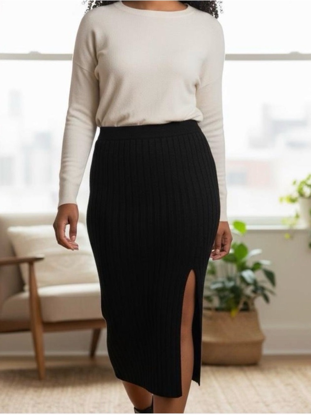 Aerie Womens Black Buttercream Sweater Midi Pencil Skirt